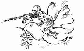 Karikatur: Soldat sitzt auf Friedenstaube