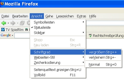 Ein Ausschnitt des Internet Explorers, bei dem der Menüpunkt Ansicht angeklickt und dann Schriftgrad ausgewählt wurde.