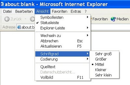 Ein Ausschnitt des Internet Explorers, bei dem der Menüpunkt Ansicht angeklickt und dann Schriftgrad ausgewählt wurde.