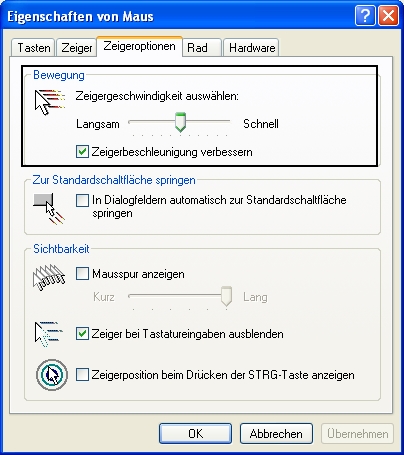 Man sieht das Fenster Eigenschaften von Maus, in dem die Registerkarte Zeigeroptionen ausgewählt wurde.