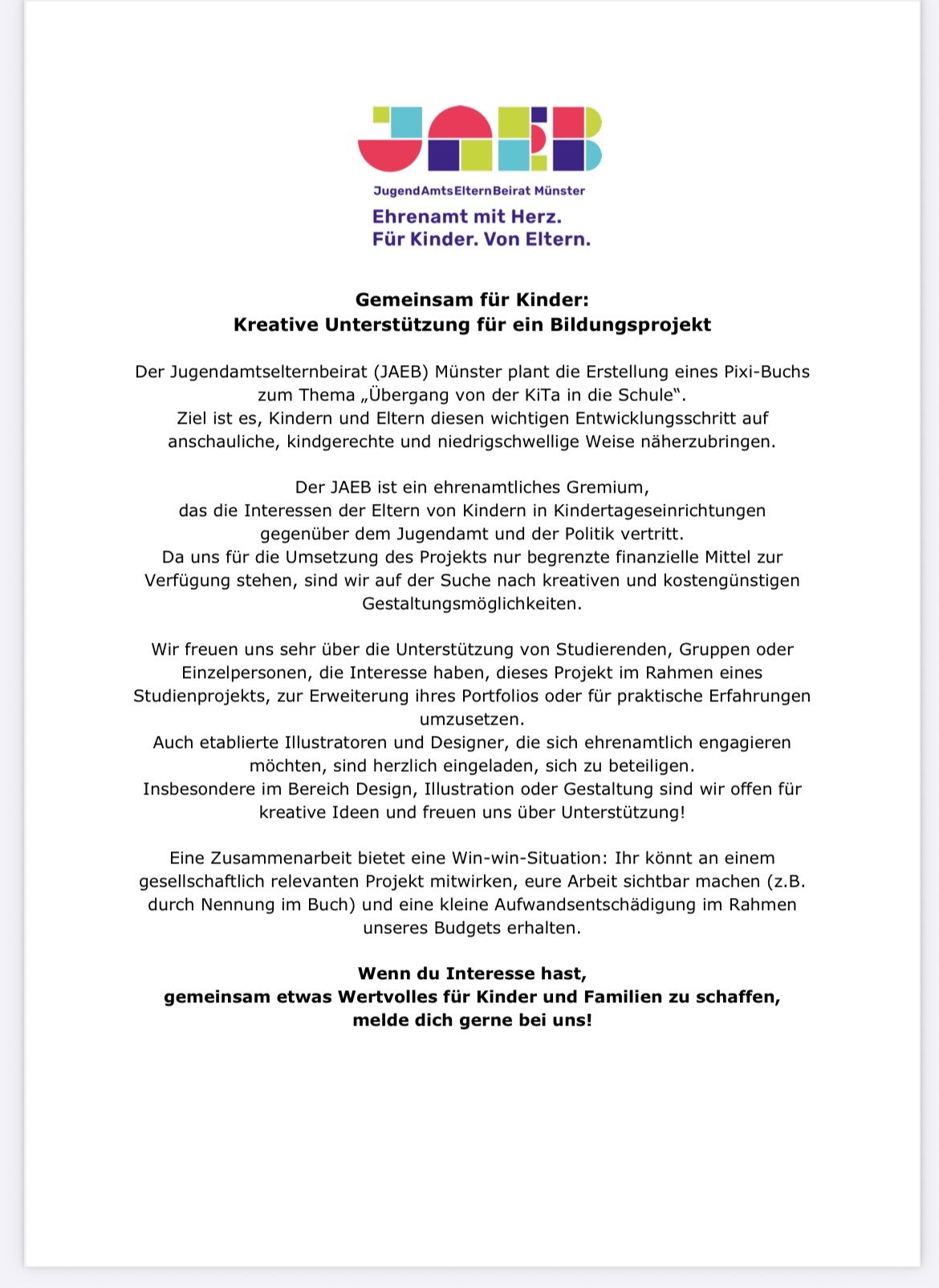 Wir suchen Dich! Gemeinsam für Kinder: Kreative Unterstützung für ein Bildungsprojekt
