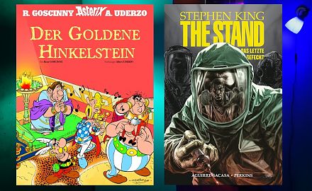 Bücher zum Schauen und Schmökern präsentiert der LeseWurm. (Foto: Volker Stephan, Cover: Panini Comics; 2020 Les Editions Albert Rene)