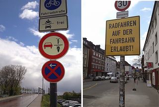 Neue Schilder regeln den Verkehr, wo sich Rad- und Autofahrer begegnen. (Fotos: Ralf Clausen)