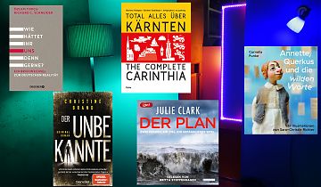 Der LeseWurm liebt es im Juni spannend. (Foto: Volker Stephan, Cover: Verlage Droemer, Blanvalet, Folio, Random House Audio, Center for Literature)