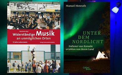 Über zivilen Ungehorsam mit Musik und Kanadas indigene Bevölkerung spricht der LeseWurm. (Foto: Volker Stephan, Cover: Graswurzelrevolution Verlag, Galiani Berlin)